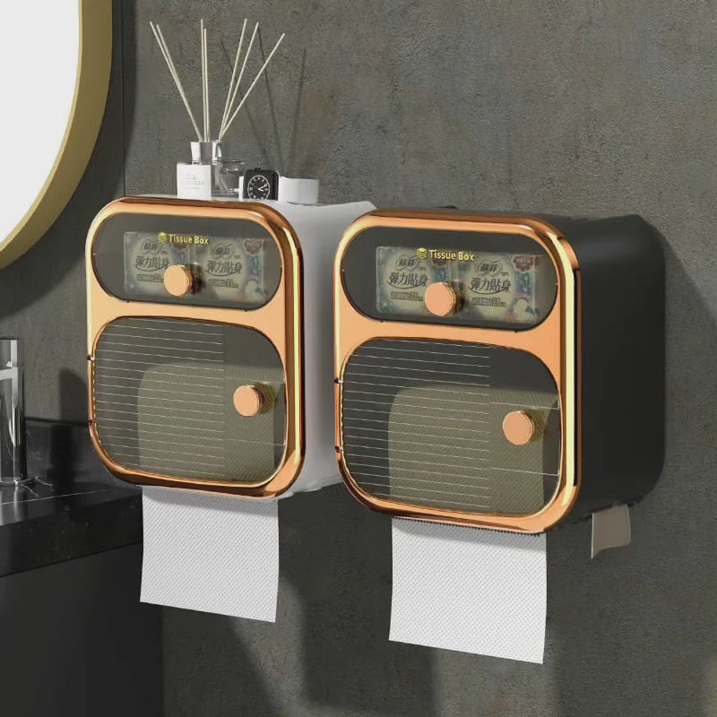 2-Ply Toilet Paper Dispenser Box with Wall-Mounted Drawer Storage and Moisture-Resistant Holder