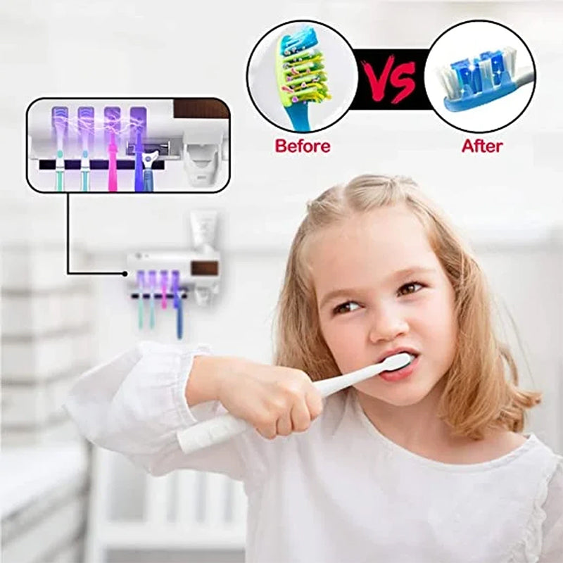 Smart UV Toothbrush Sterilizer Holder with Wall-Mounted Toothpaste Dispenser and Razor Slot