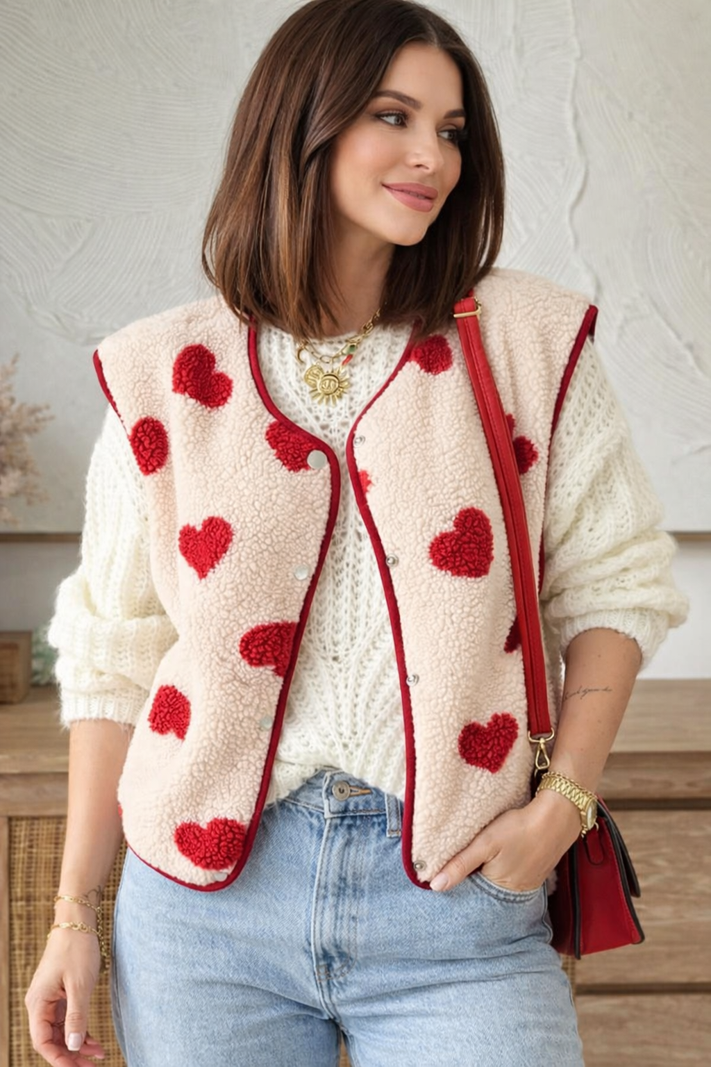Women's Fleece Vest Heart Print Button-Up Warm Layering Gilet Beige Pink