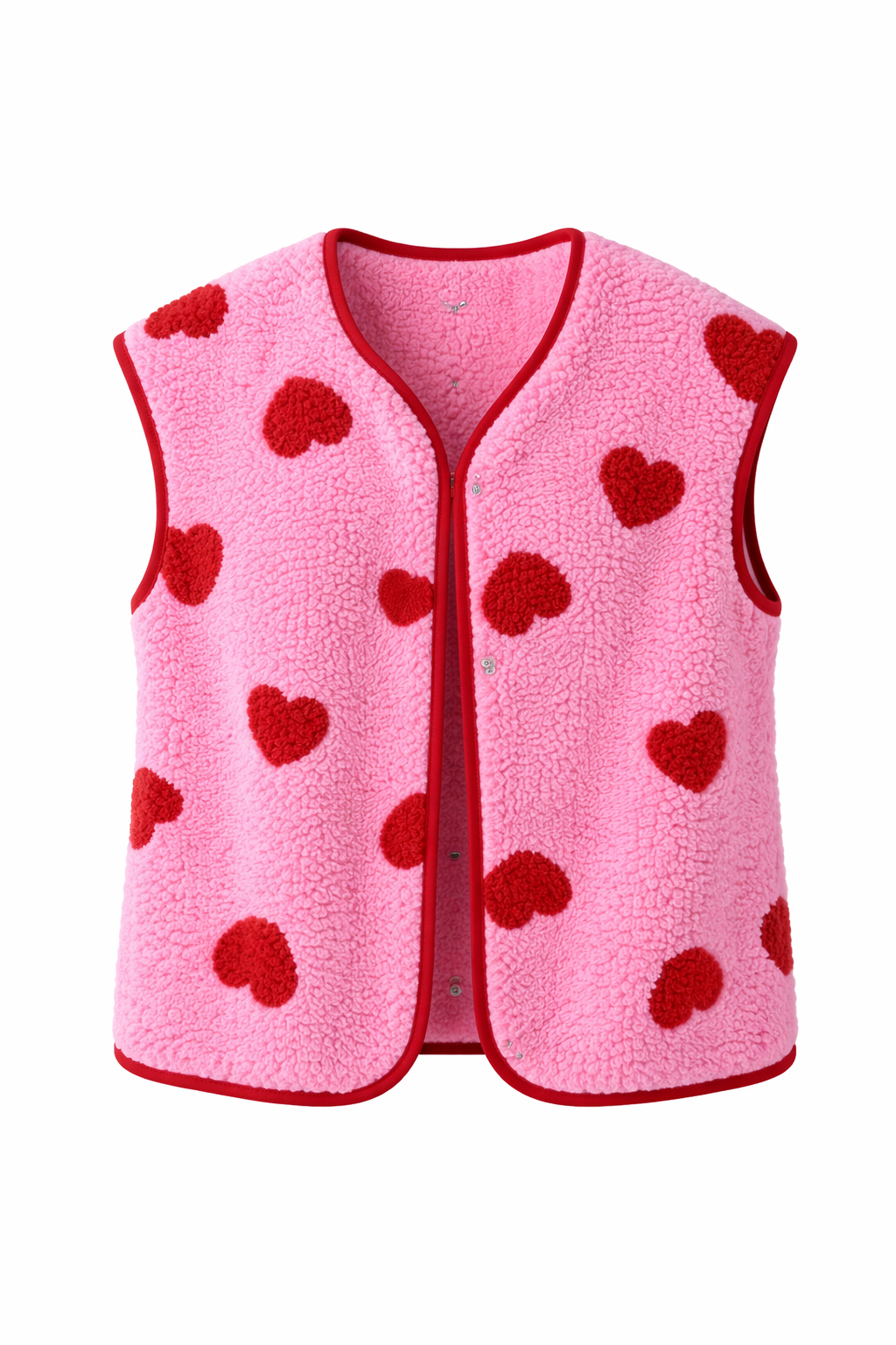 Women's Fleece Vest Heart Print Button-Up Warm Layering Gilet Beige Pink