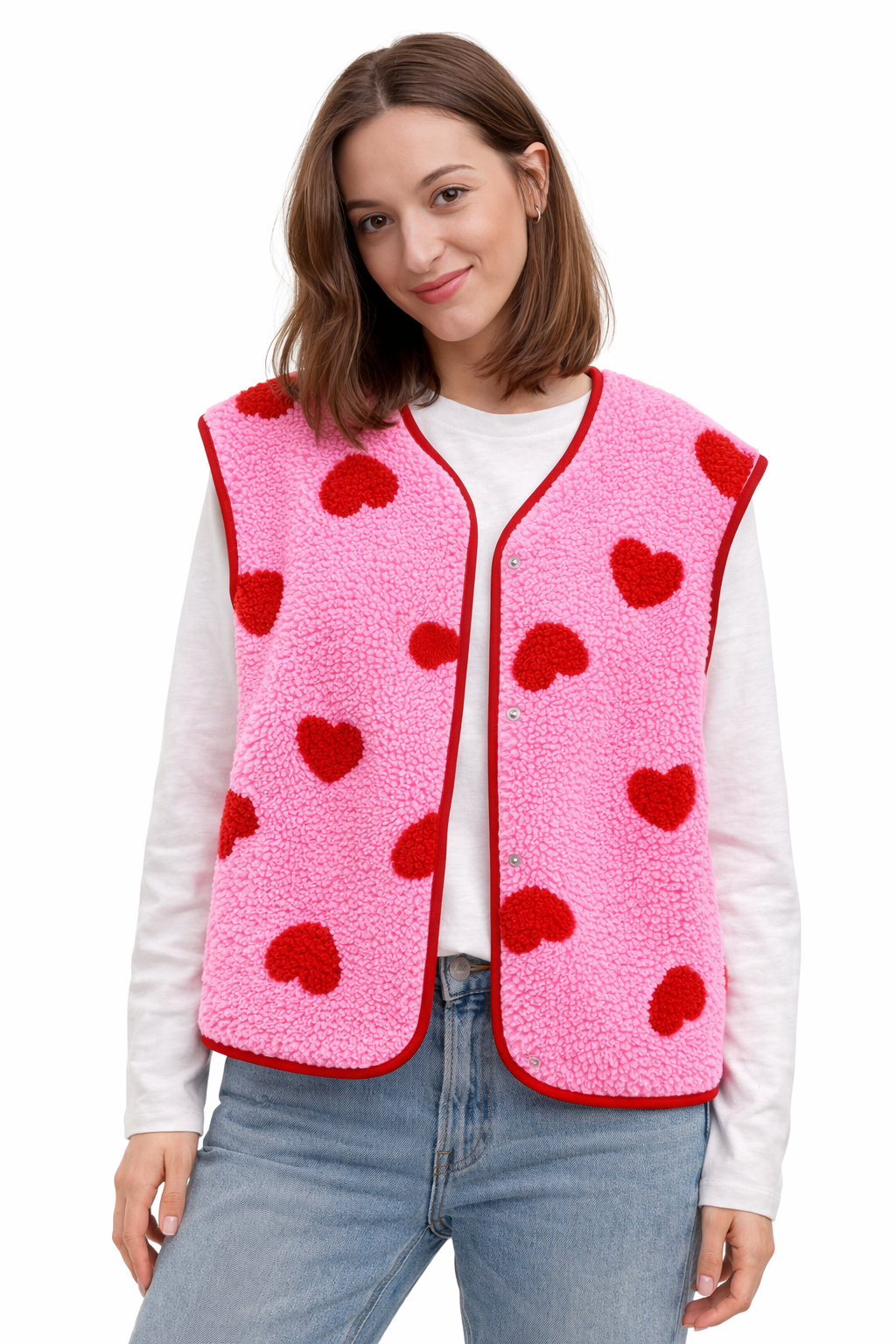Women's Fleece Vest Heart Print Button-Up Warm Layering Gilet Beige Pink