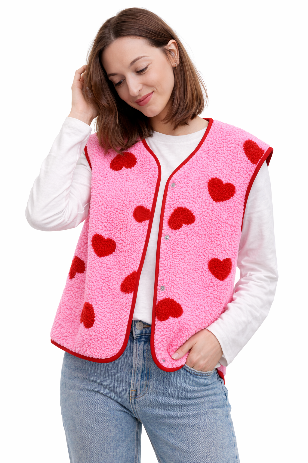 Women's Fleece Vest Heart Print Button-Up Warm Layering Gilet Beige Pink