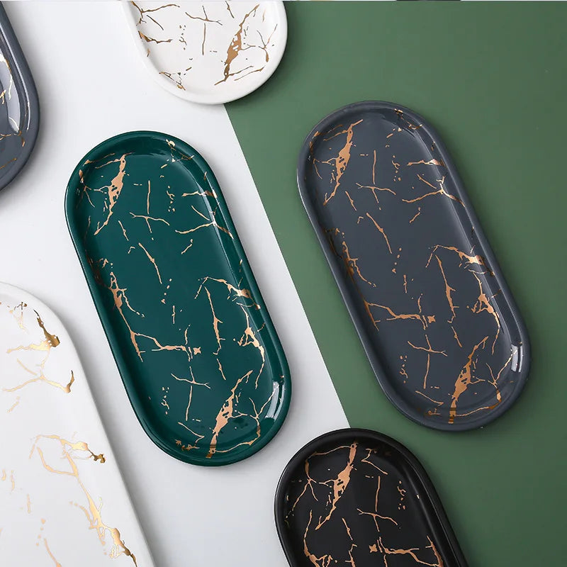 Nordic Ceramic Marble Oval Tray – Jewelry Storage, Soap Holder & Bathroom Decor with Golden Wave Design