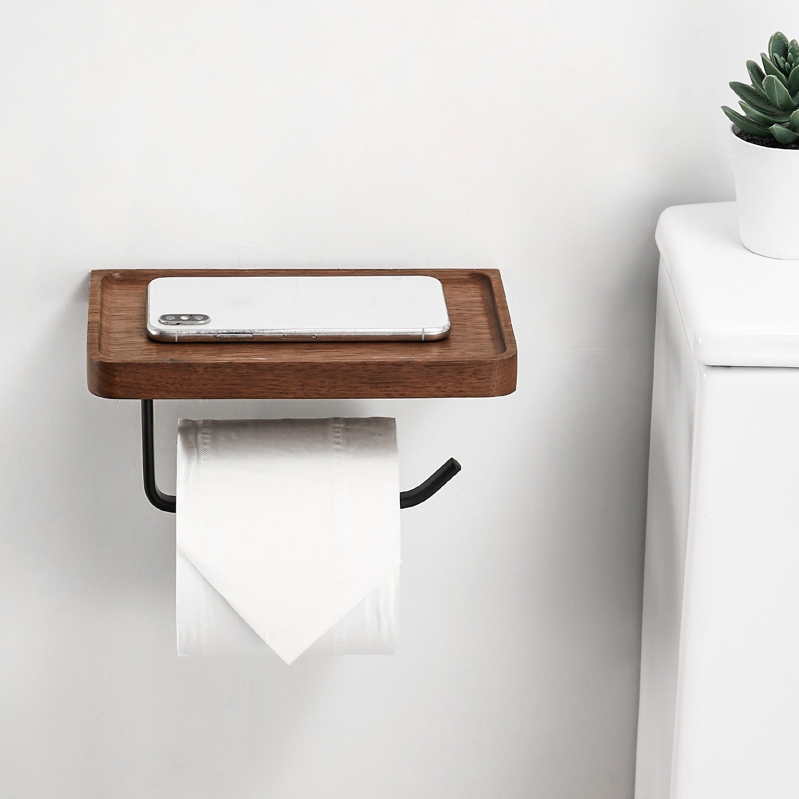 Wooden Toilet Paper and Towel Roll Holder with Storage Shelf for Bathroom Organization