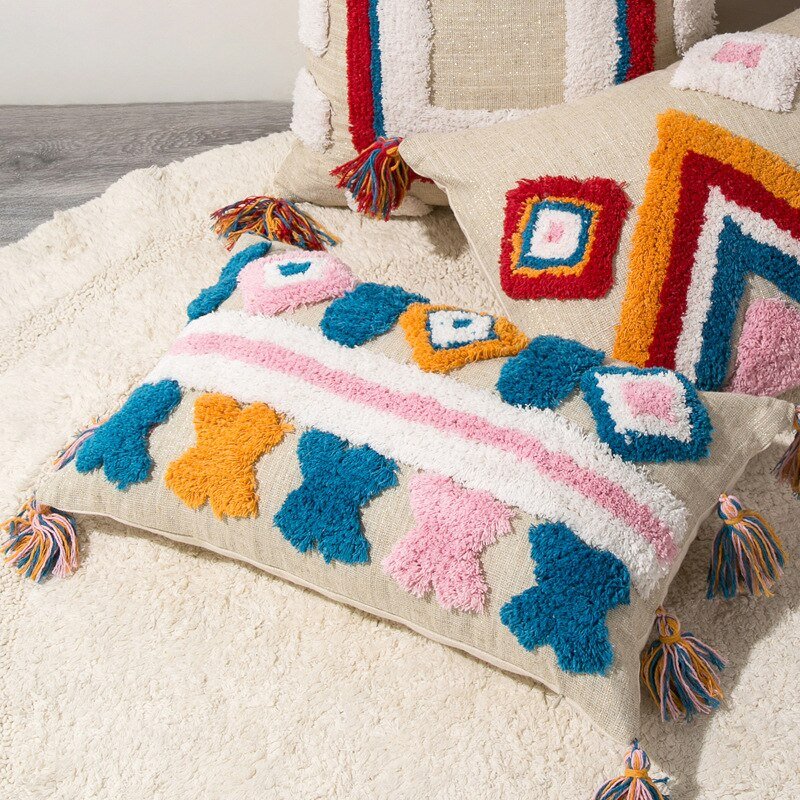 Handcrafted Moroccan Boho-Chic Cushion Cover with Wool Tassels