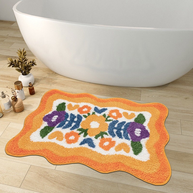 Colorful Flower Bathroom Mat Orange Flora & Purple Tulip Soft Woven Water-Absorbent Non-Slip Bath Rug